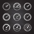 Speedometer and meter icon set isolated on blackboard texture with chalk rubbed background. Dashboard outline signs. Vector illust Royalty Free Stock Photo